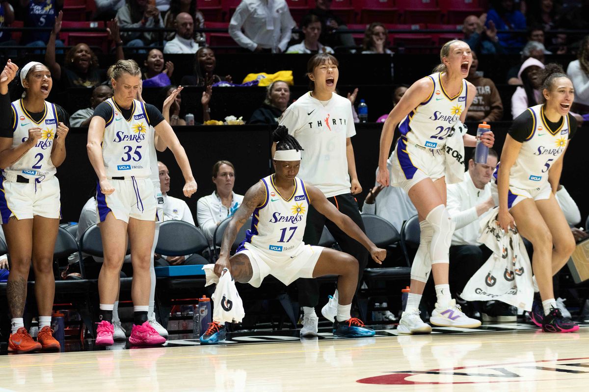 LA Sparks bench celebrating a made three pointer at a WNBA basketball game against Team Nigeria,Saturday April 25th, 2026 in Los Angeles, California. LA Sparks bench celebrating a made three pointer at a WNBA basketball game against Team Nigeria,Saturday April 25th, 2026 in Los Angeles, California.