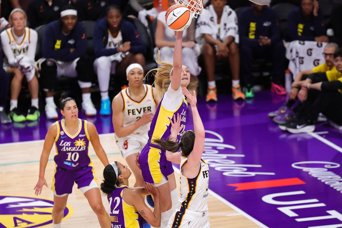 Los Angeles Sparks center Cameron Brink (22) blocks a shot on defense during a WNBA game against the Indiana Fever on May 13, 2026 in Los Angeles, CA. Los Angeles Sparks center Cameron Brink (22) blocks a shot on defense during a WNBA game against the Indiana Fever on May 13, 2026 in Los Angeles, CA.