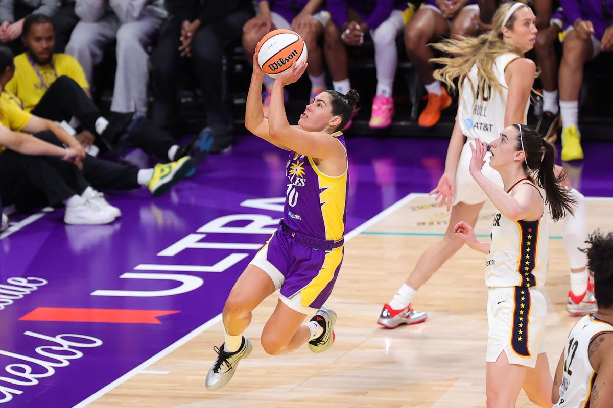 Los Angeles Sparks guard Kelsey Plum (9) shoots the basketball during a WNBA game against the Indiana Fever on May 13, 2026 in Los Angeles, CA. Los Angeles Sparks guard Kelsey Plum (9) shoots the basketball during a WNBA game against the Indiana Fever on May 13, 2026 in Los Angeles, CA.