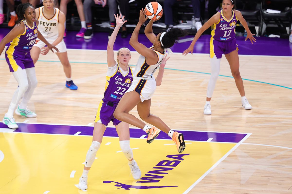 Los Angeles Sparks center Cameron Brink (22) defends the ball handler during a WNBA game against the Indiana Fever on May 13, 2026 in Los Angeles, CA. Los Angeles Sparks center Cameron Brink (22) defends the ball handler during a WNBA game against the Indiana Fever on May 13, 2026 in Los Angeles, CA.