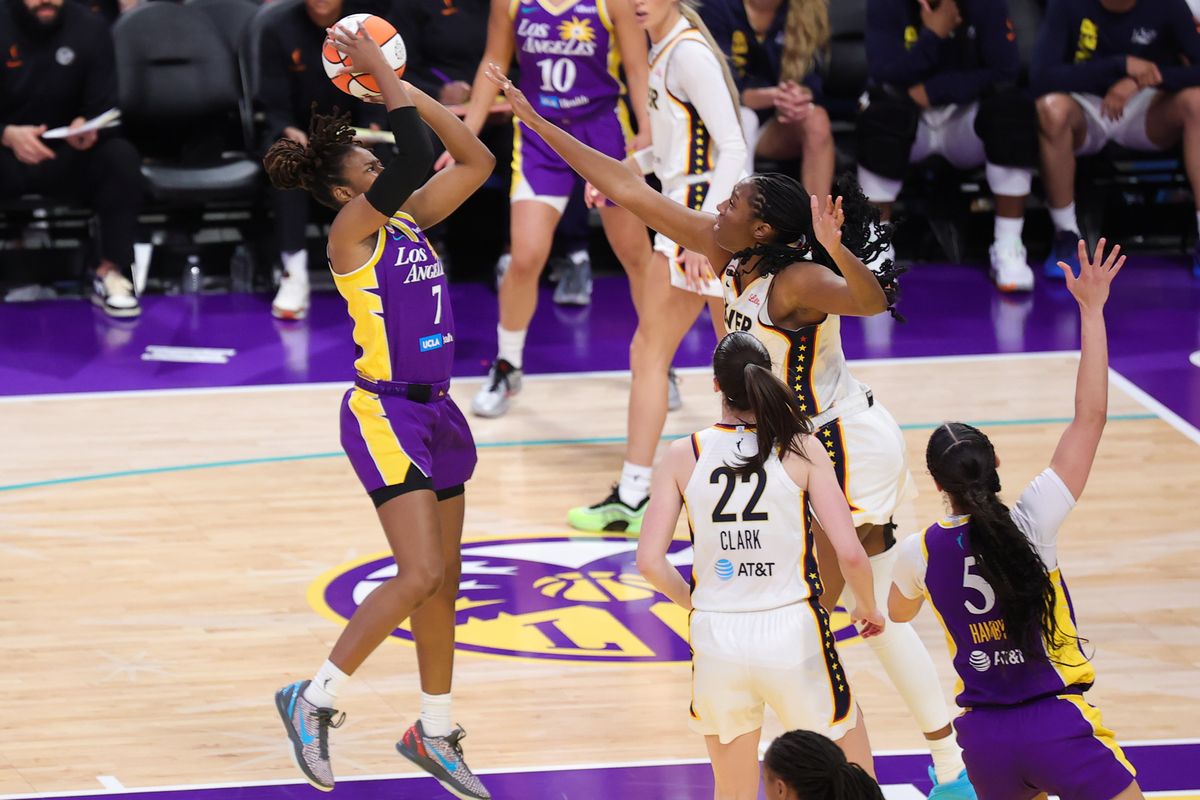 Los Angeles Sparks guard Ariel Atkins (7) shoots the basketball during a WNBA game against the Indiana Fever on May 13, 2026 in Los Angeles, CA. Los Angeles Sparks guard Ariel Atkins (7) shoots the basketball during a WNBA game against the Indiana Fever on May 13, 2026 in Los Angeles, CA.
