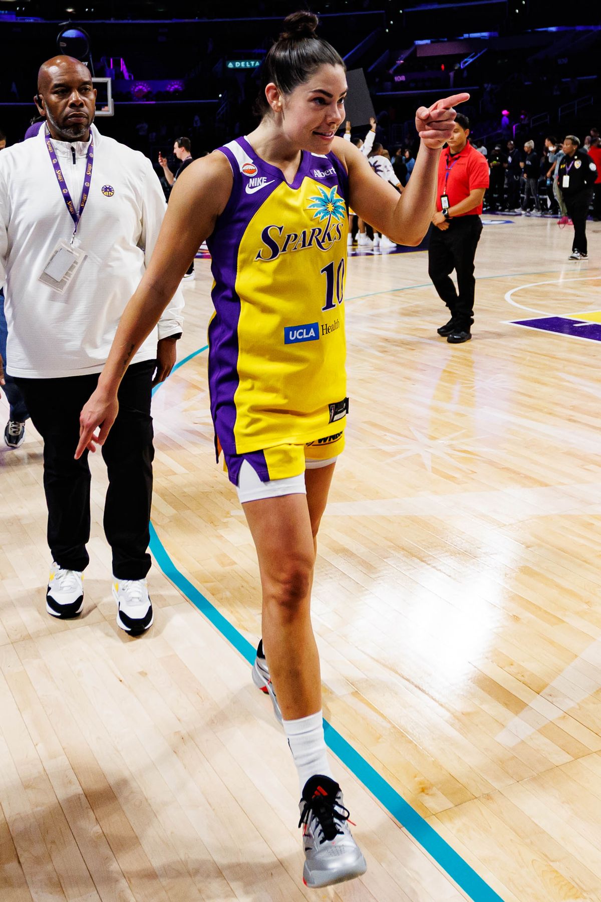 Kelsey Plum #10 of the Los Angeles Sparks interacts with the crowd after a WNBA game against the Toronto Tempo on May 15, 2026 at Crypto.com Arena in Los Angeles, California. Kelsey Plum #10 of the Los Angeles Sparks interacts with the crowd after a WNBA game against the Toronto Tempo on May 15, 2026 at Crypto.com Arena in Los Angeles, California.