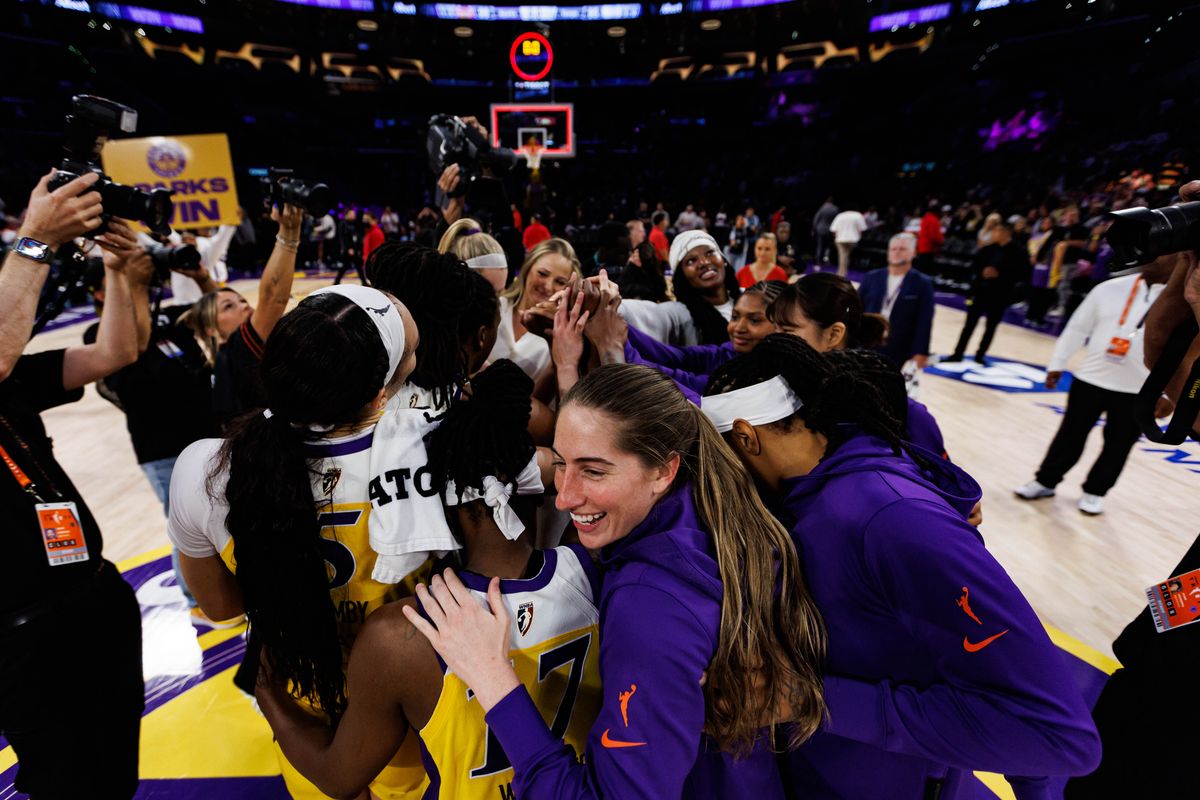 The Los Angeles Sparks celebrate a victory after a WNBA game against the Toronto Tempo on May 15, 2026 at Crypto.com Arena in Los Angeles, California. The Los Angeles Sparks celebrate a victory after a WNBA game against the Toronto Tempo on May 15, 2026 at Crypto.com Arena in Los Angeles, California.