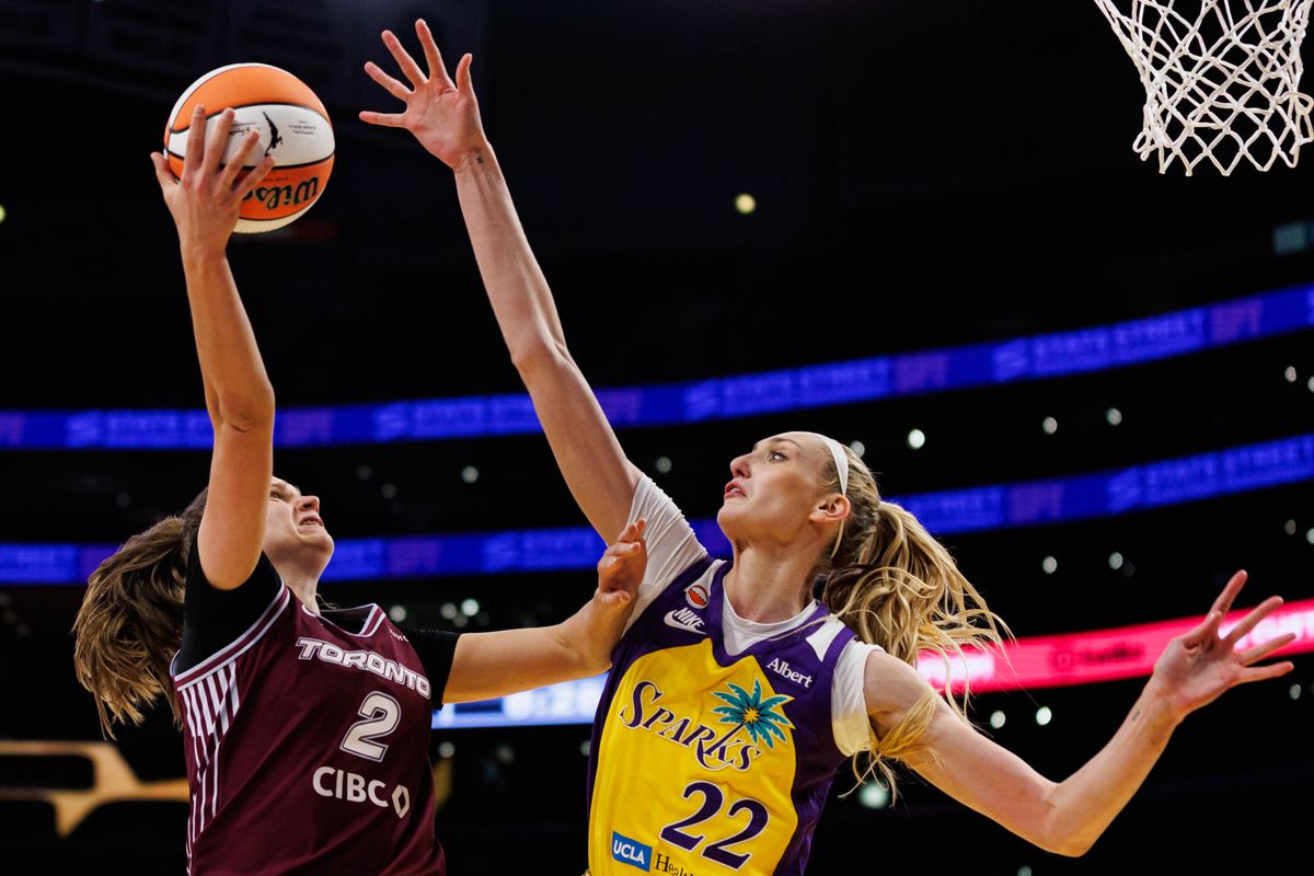 Cameron Brink #22 of the Los Angeles Sparks blocks the ball during a WNBA game against the Toronto Tempo on May 15, 2026 at Crypto.com Arena in Los Angeles, California. Cameron Brink #22 of the Los Angeles Sparks blocks the ball during a WNBA game against the Toronto Tempo on May 15, 2026 at Crypto.com Arena in Los Angeles, California.
