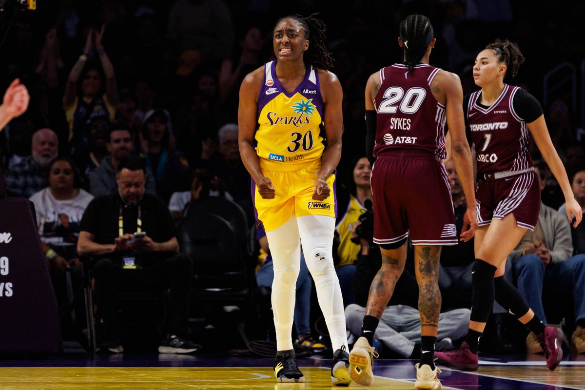 Nneka Ogwumike #30 of the Los Angeles Sparks reacts during a WNBA game against the Toronto Tempo on May 15, 2026 at Crypto.com Arena in Los Angeles, California. Nneka Ogwumike #30 of the Los Angeles Sparks reacts during a WNBA game against the Toronto Tempo on May 15, 2026 at Crypto.com Arena in Los Angeles, California.