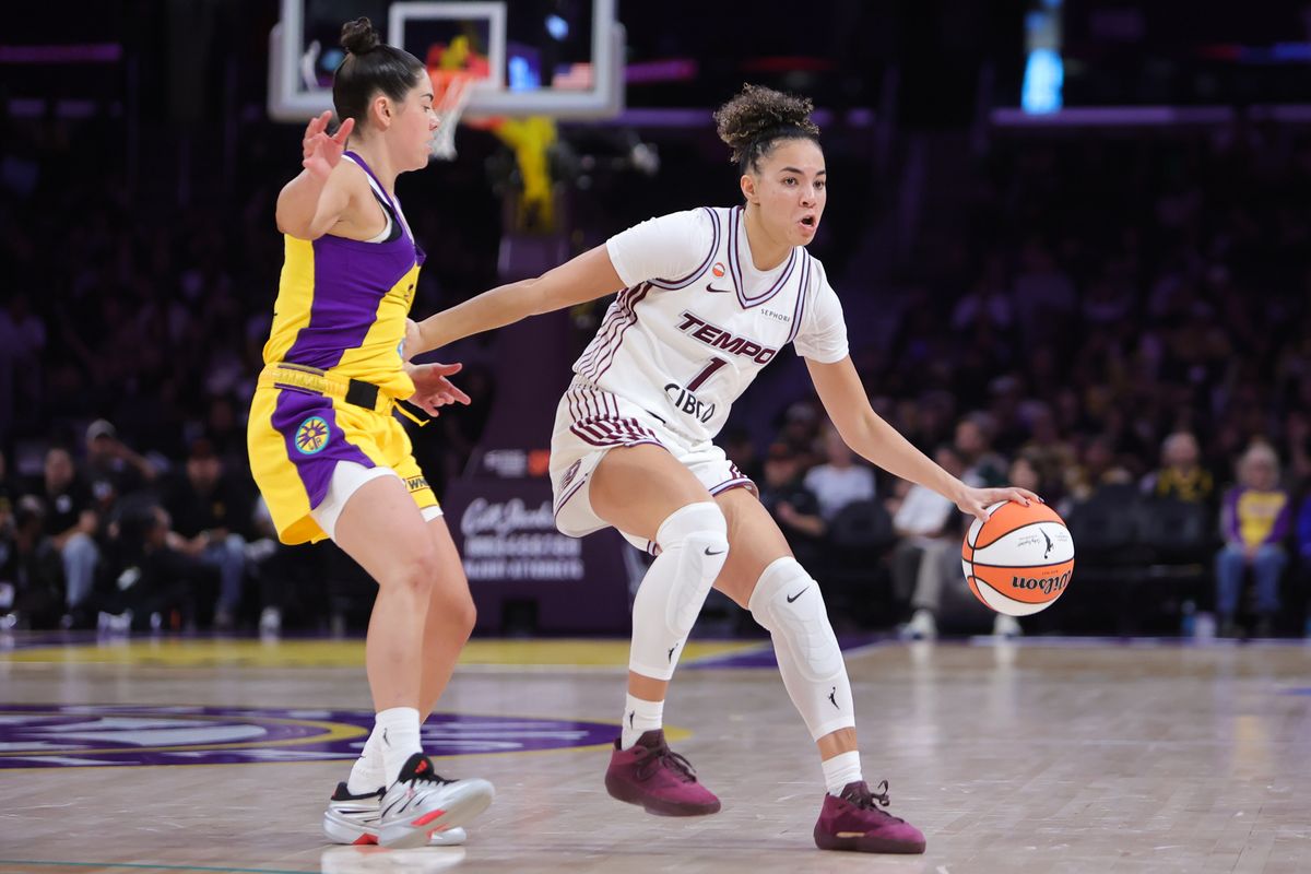 Los Angeles Sparks guard Kelsey Plum (10) defends against Toronto Tempo guard Kiki Rice (1) during a WNBA game on May 17, 2026 in Los Angeles, CA. Los Angeles Sparks guard Kelsey Plum (10) defends against Toronto Tempo guard Kiki Rice (1) during a WNBA game on May 17, 2026 in Los Angeles, CA.