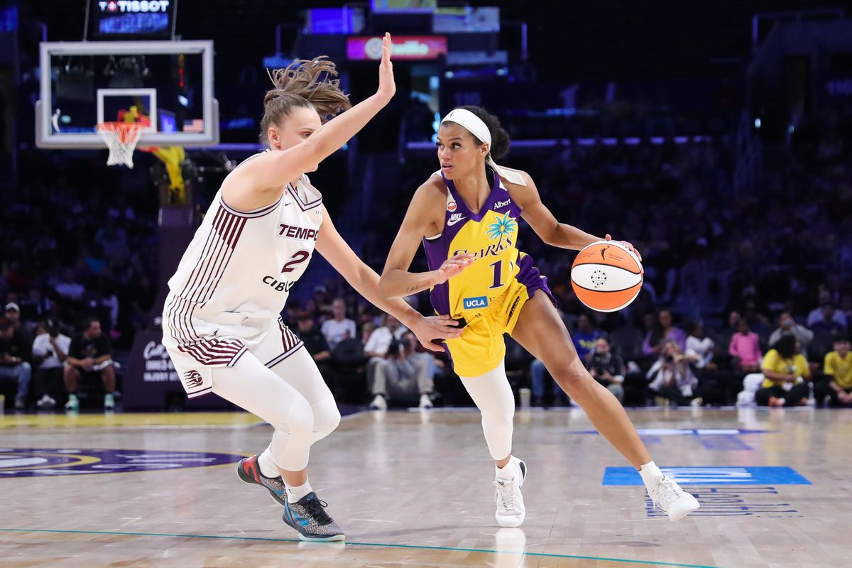 Los Angeles Sparks guard Rae Burrell (12) dribbles the basketball during a WNBA game against the Toronto Tempo on May 17, 2026 in Los Angeles, CA. Los Angeles Sparks guard Rae Burrell (12) dribbles the basketball during a WNBA game against the Toronto Tempo on May 17, 2026 in Los Angeles, CA.