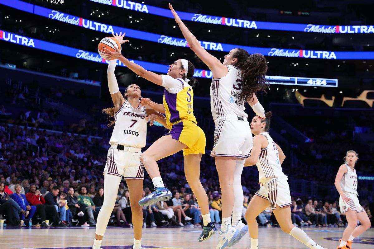 Los Angeles Sparks forward Dearica Hamby (5) drives the lane during a WNBA game against the Toronto Tempo on May 17, 2026 in Los Angeles, CA. Los Angeles Sparks forward Dearica Hamby (5) drives the lane during a WNBA game against the Toronto Tempo on May 17, 2026 in Los Angeles, CA.