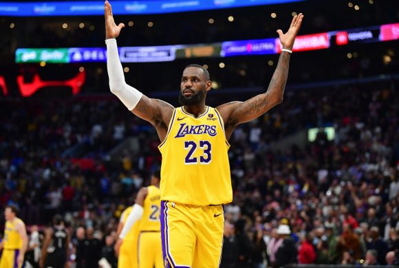 Feb 28, 2024; Los Angeles, California, USA; Los Angeles Lakers forward LeBron James (23) celebrates the victory against the Los Angeles Clippers at Crypto.com Arena. Mandatory Credit: Gary A. Vasquez-USA TODAY Sports