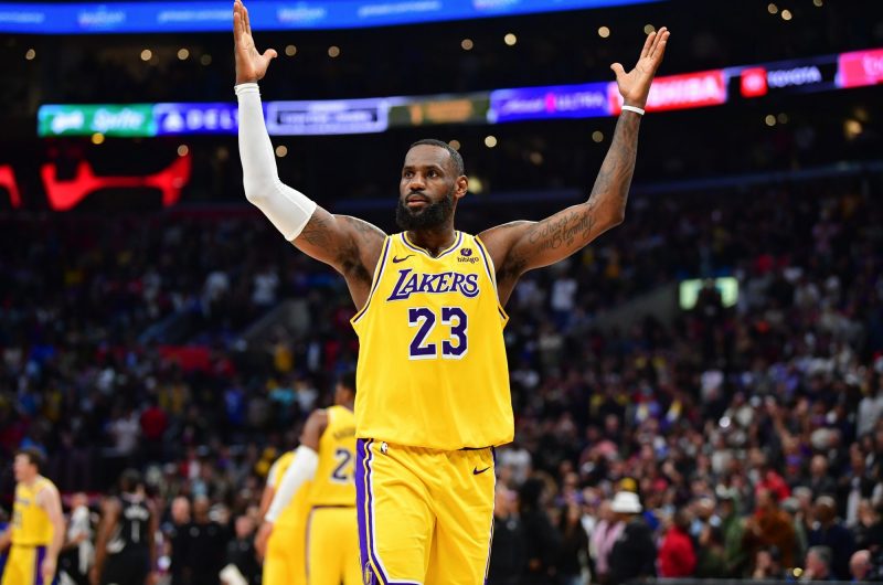 Feb 28, 2024; Los Angeles, California, USA; Los Angeles Lakers forward LeBron James (23) celebrates the victory against the Los Angeles Clippers at Crypto.com Arena. Mandatory Credit: Gary A. Vasquez-USA TODAY Sports